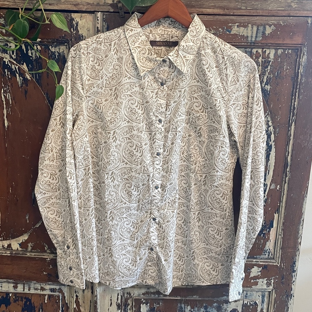 Shyanne‎ Beige Paisley Women’s M Western Shirt Turquoise Snap Buttons EUC